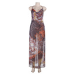 Spaghetti Strap Backless Printed Slit Maxi Dress