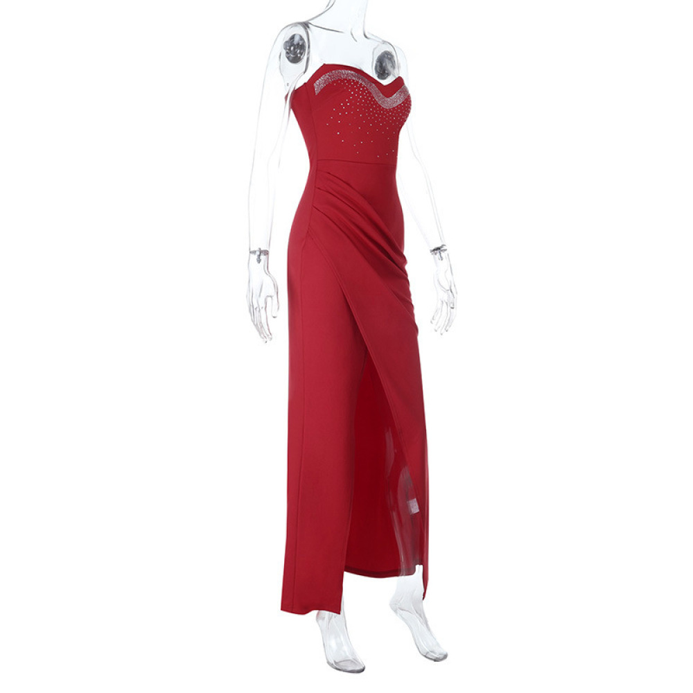  Style Rhinestone Embellished Tube Top Slit Maxi Dress