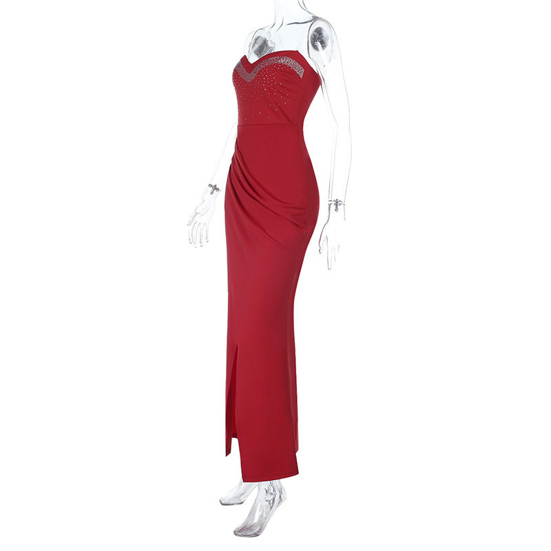  Style Rhinestone Embellished Tube Top Slit Maxi Dress