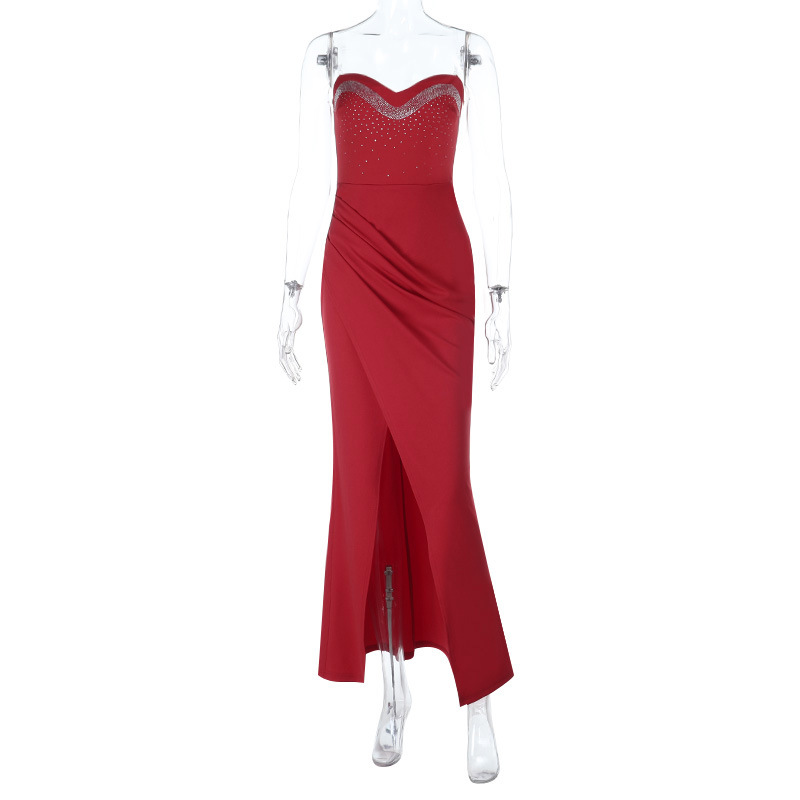  Style Rhinestone Embellished Tube Top Slit Maxi Dress