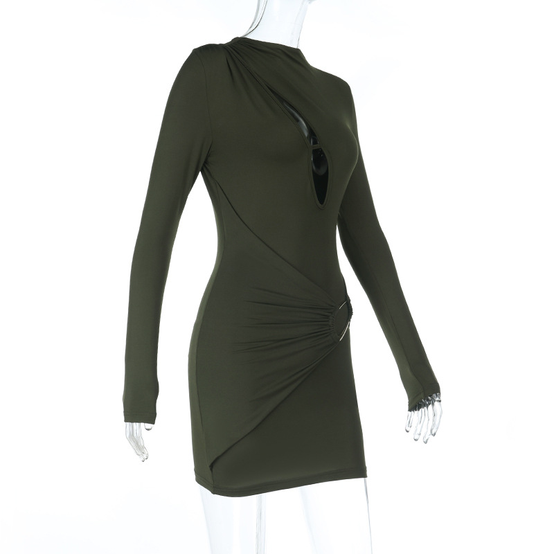 Fashionable Sexy V-Neck Cutout Metal Button Long Sleeve Bodycon Mini Dress