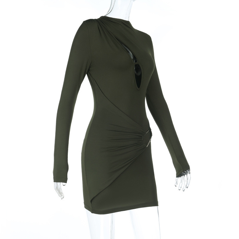 Fashionable Sexy V-Neck Cutout Metal Button Long Sleeve Bodycon Mini Dress