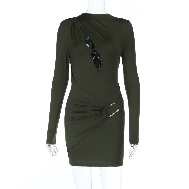 Fashionable Sexy V-Neck Cutout Metal Button Long Sleeve Bodycon Mini Dress