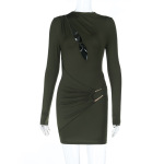 Fashionable Sexy V-Neck Cutout Metal Button Long Sleeve Bodycon Mini Dress