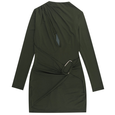Fashionable Sexy V-Neck Cutout Metal Button Long Sleeve Bodycon Mini Dress 01