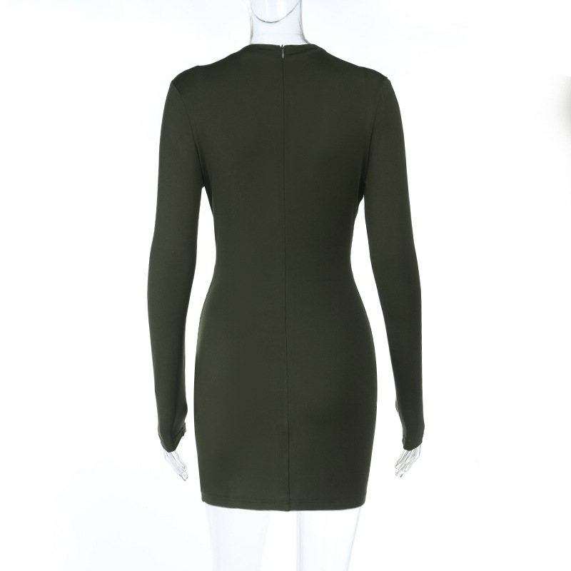 Fashionable Sexy V-Neck Cutout Metal Button Long Sleeve Bodycon Mini Dress