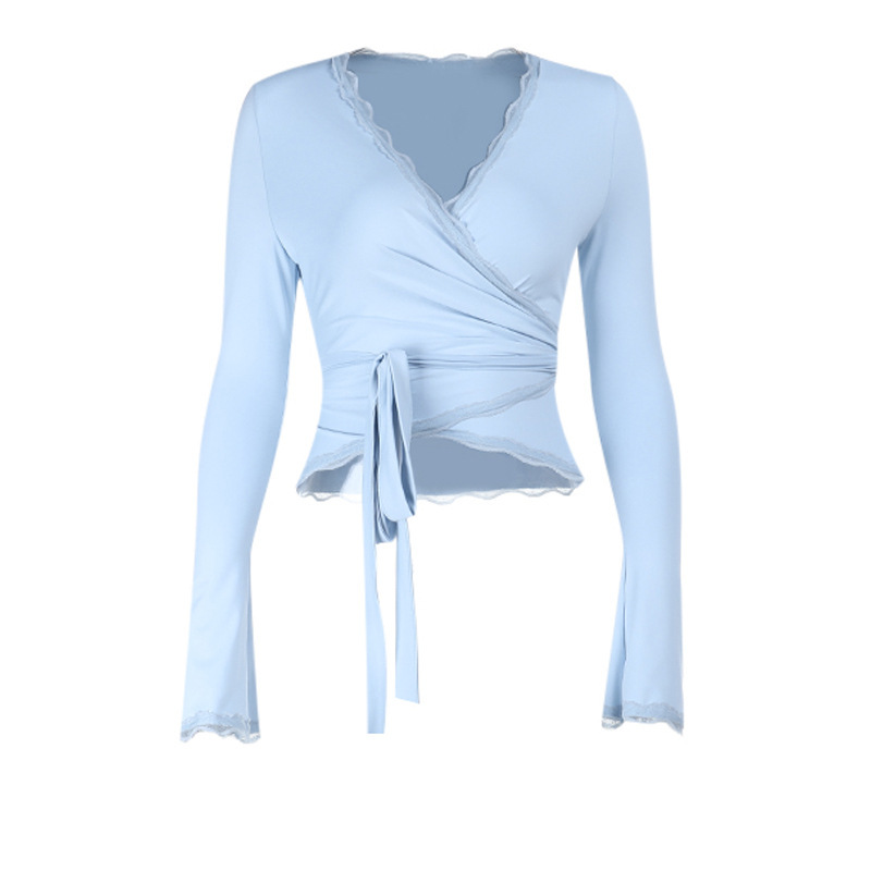 2025 Fall Winter New European Style Lace Trim V-Neck Tie-Front Crop Top 