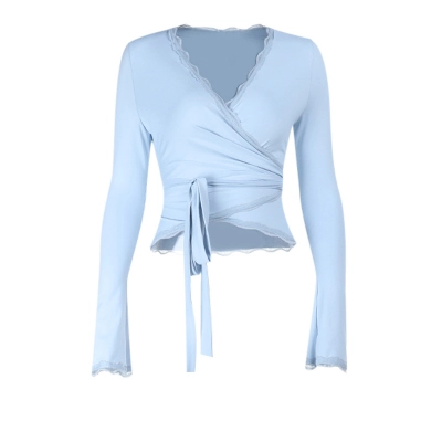 2025 Fall Winter New European Style Lace Trim V-Neck Tie-Front Crop Top  01