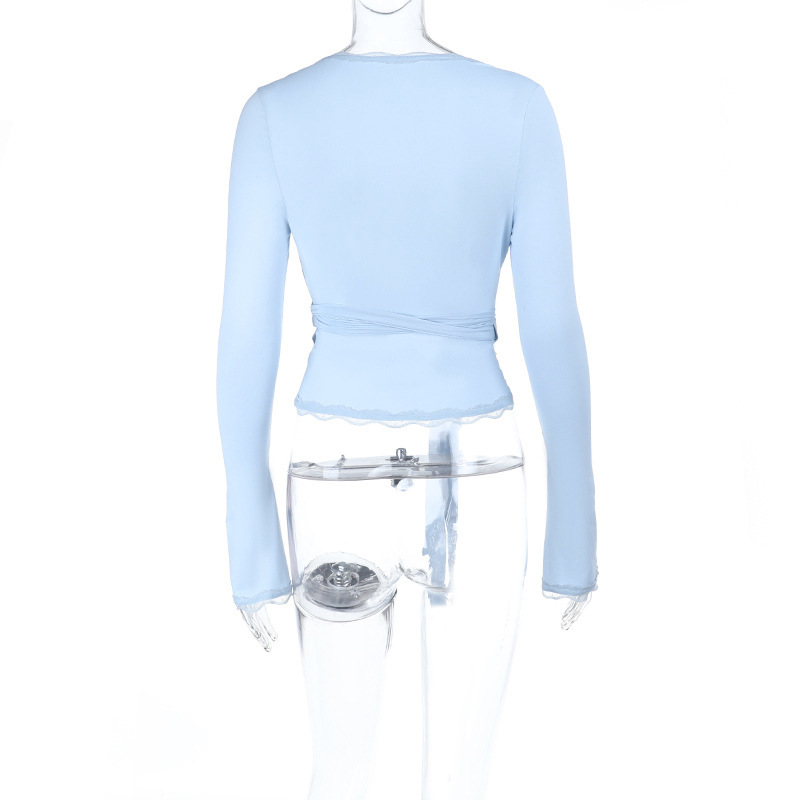 2025 Fall Winter New European Style Lace Trim V-Neck Tie-Front Crop Top 