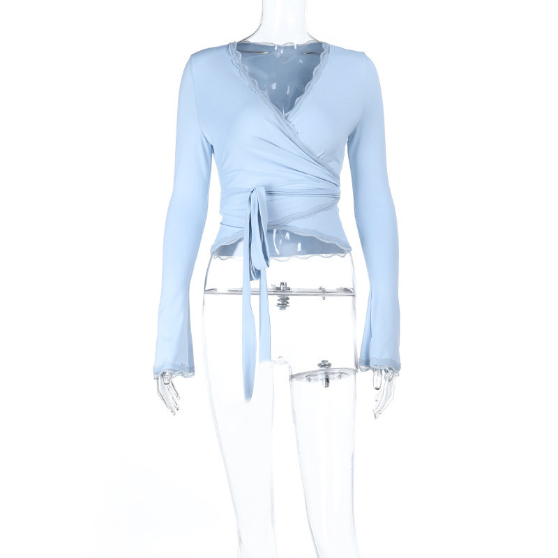 2025 Fall Winter New European Style Lace Trim V-Neck Tie-Front Crop Top 