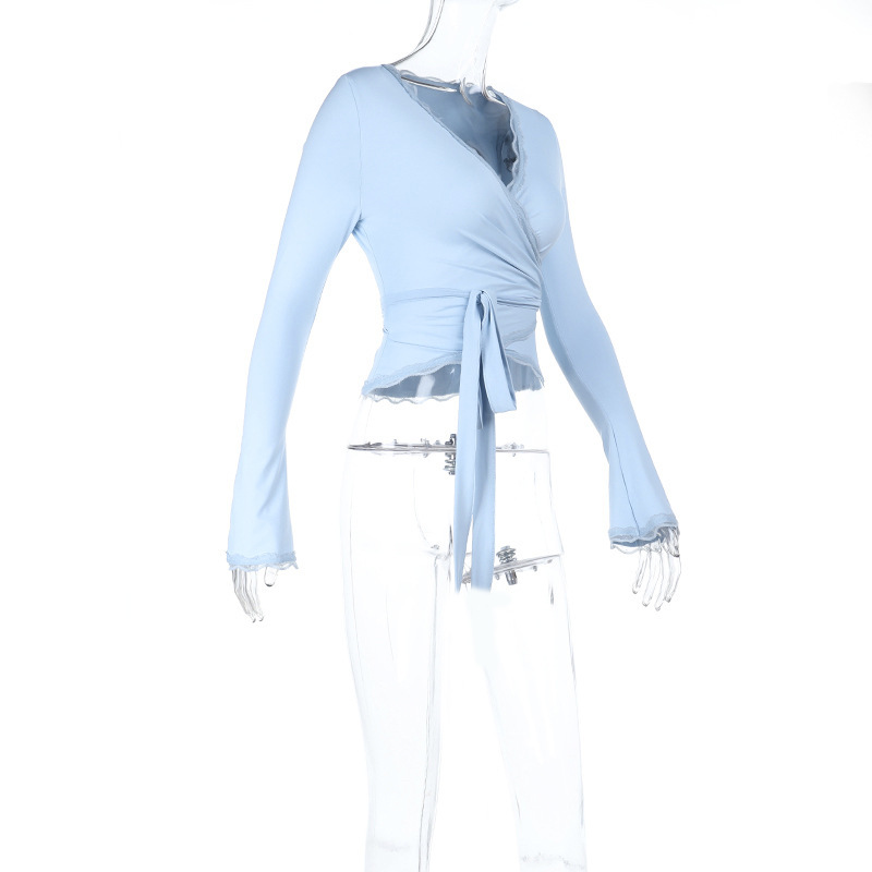 2025 Fall Winter New European Style Lace Trim V-Neck Tie-Front Crop Top 