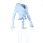 2025 Fall Winter New European Style Lace Trim V-Neck Tie-Front Crop Top 