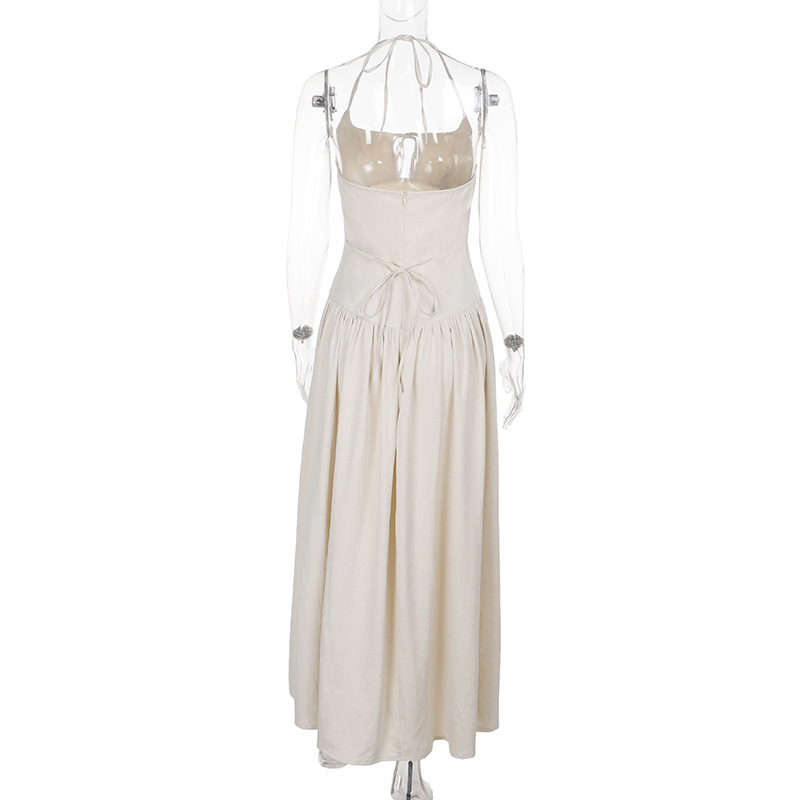 2025 Summer New Women's French Style Waist-Cinching Cutout Halter Neck Midi Dress