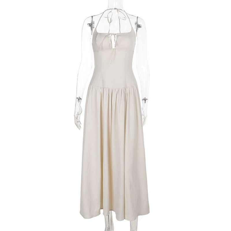 2025 Summer New Women's French Style Waist-Cinching Cutout Halter Neck Midi Dress