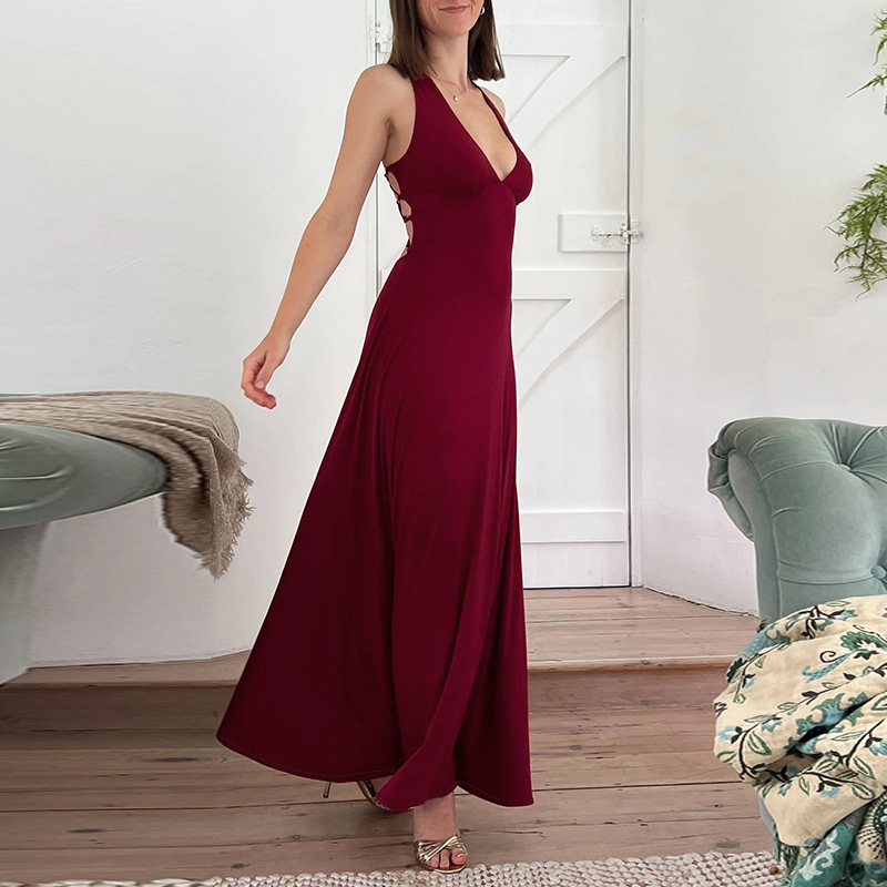 2025 Summer New Women's Strapless Backless Halter Waist-Cinching Midi Dress