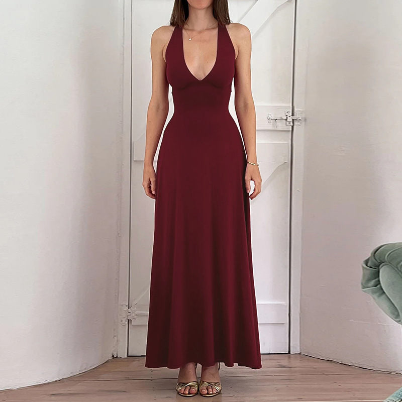 2025 Summer New Women's Strapless Backless Halter Waist-Cinching Midi Dress