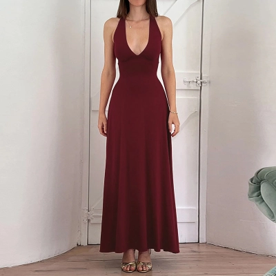 2025 Summer New Women's Strapless Backless Halter Waist-Cinching Midi Dress 02