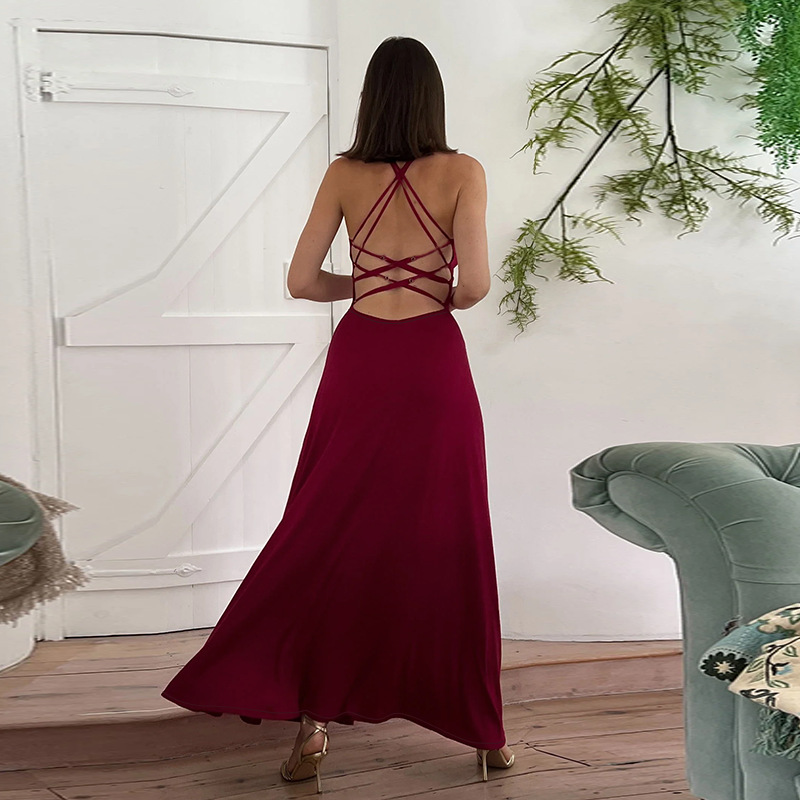 2025 Summer New Women's Strapless Backless Halter Waist-Cinching Midi Dress