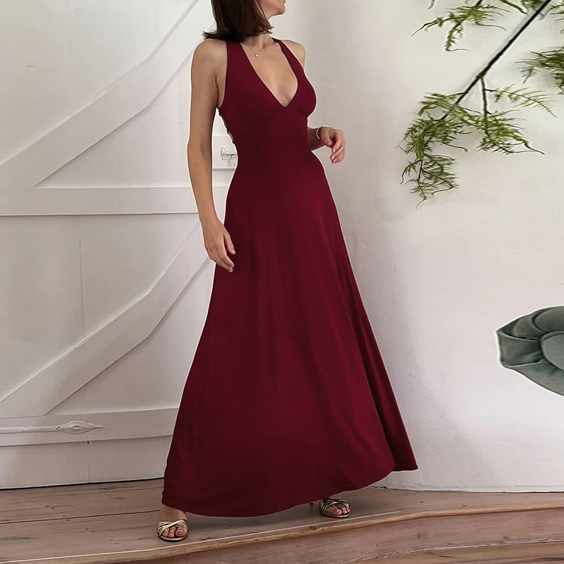 2025 Summer New Women's Strapless Backless Halter Waist-Cinching Midi Dress