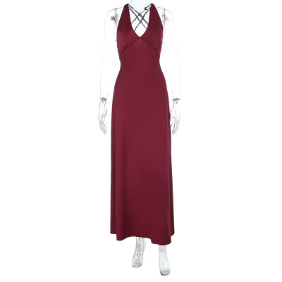 2025 Summer New Women's Strapless Backless Halter Waist-Cinching Midi Dress 01