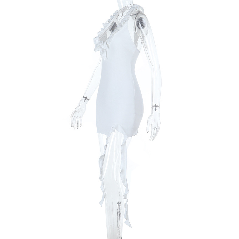 2025 European New Women's Ruffled Backless Knit Halter Mini Dress