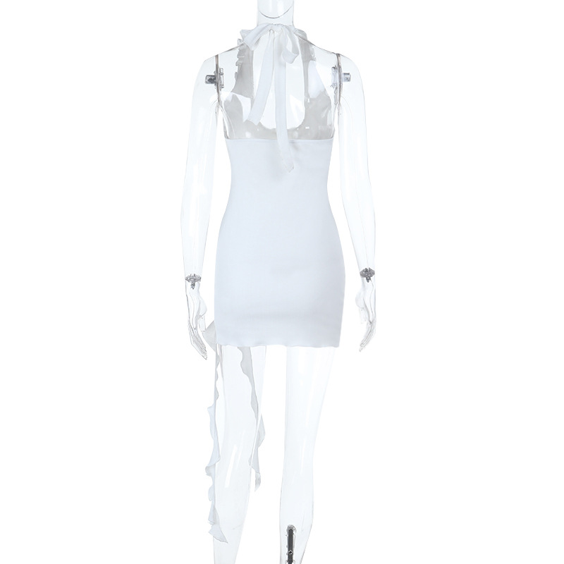 2025 European New Women's Ruffled Backless Knit Halter Mini Dress