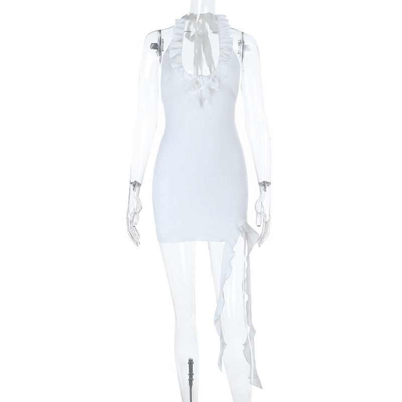 2025 European New Women's Ruffled Backless Knit Halter Mini Dress