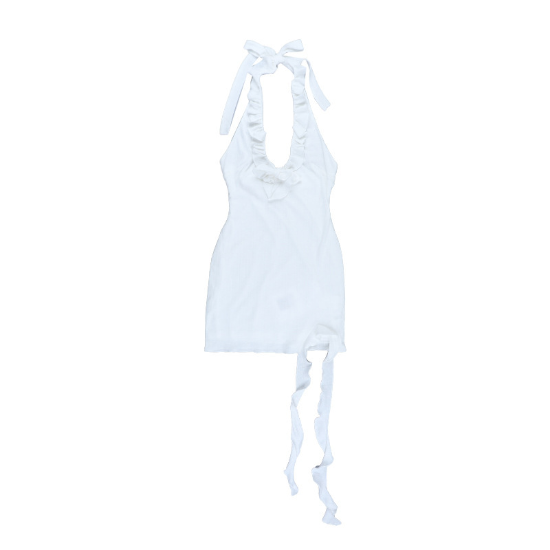 2025 European New Women's Ruffled Backless Knit Halter Mini Dress