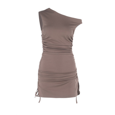 Asymmetrical Off-Shoulder Sleeveless Drawstring Bodycon Mini Dress 01