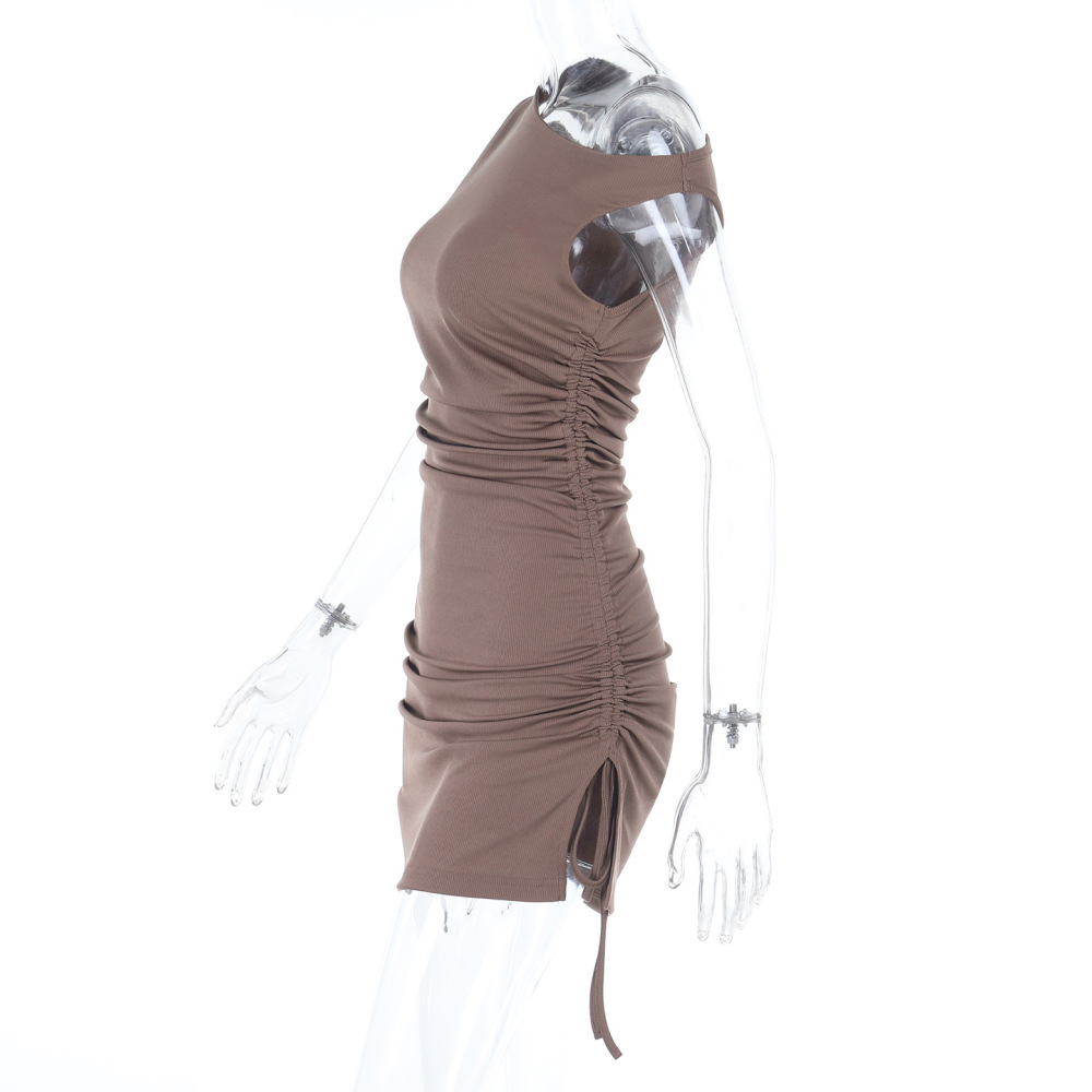 Asymmetrical Off-Shoulder Sleeveless Drawstring Bodycon Mini Dress