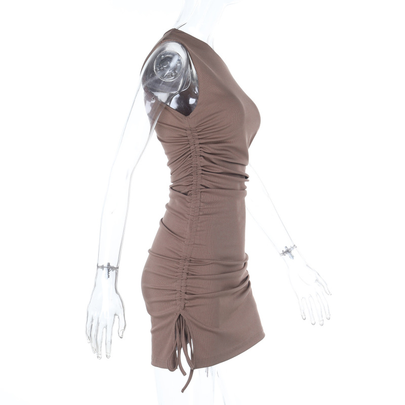 Asymmetrical Off-Shoulder Sleeveless Drawstring Bodycon Mini Dress