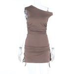 Asymmetrical Off-Shoulder Sleeveless Drawstring Bodycon Mini Dress