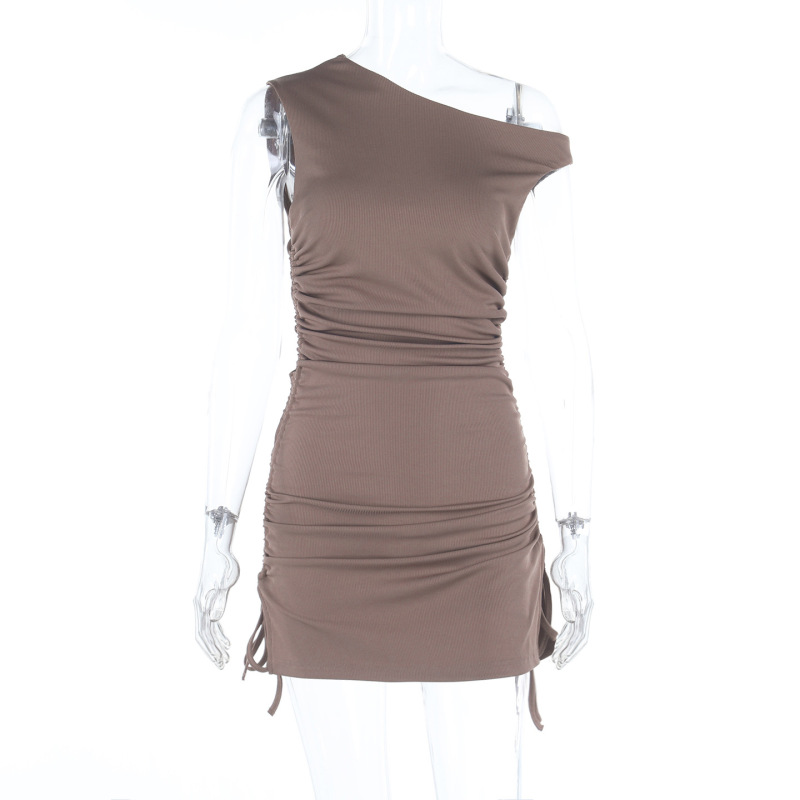Asymmetrical Off-Shoulder Sleeveless Drawstring Bodycon Mini Dress