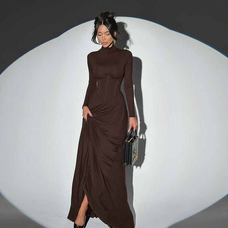 European Style Turtleneck Waist-Cinching Slit Dress