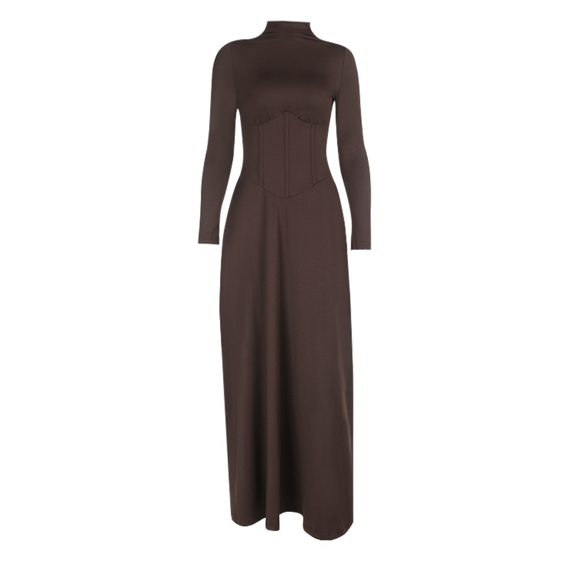 European Style Turtleneck Waist-Cinching Slit Dress