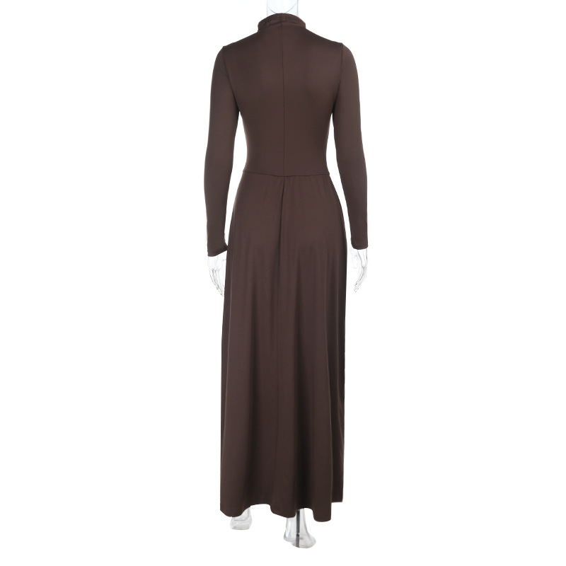 European Style Turtleneck Waist-Cinching Slit Dress