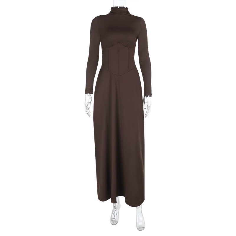 European Style Turtleneck Waist-Cinching Slit Dress