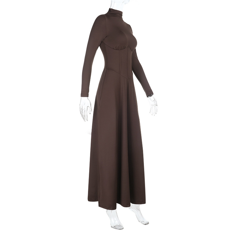 European Style Turtleneck Waist-Cinching Slit Dress