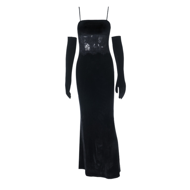 European Style Hot Girl Lace-Trimmed Velvet Strapless Bodycon Long Dress