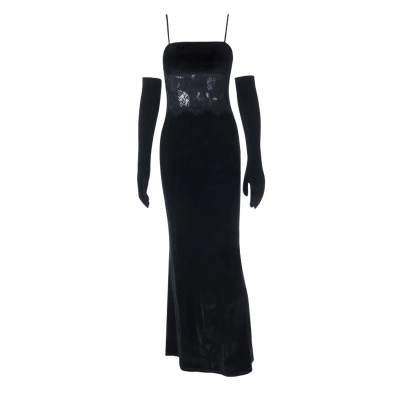 European Style Hot Girl Lace-Trimmed Velvet Strapless Bodycon Long Dress 01