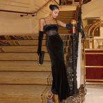 European Style Hot Girl Lace-Trimmed Velvet Strapless Bodycon Long Dress