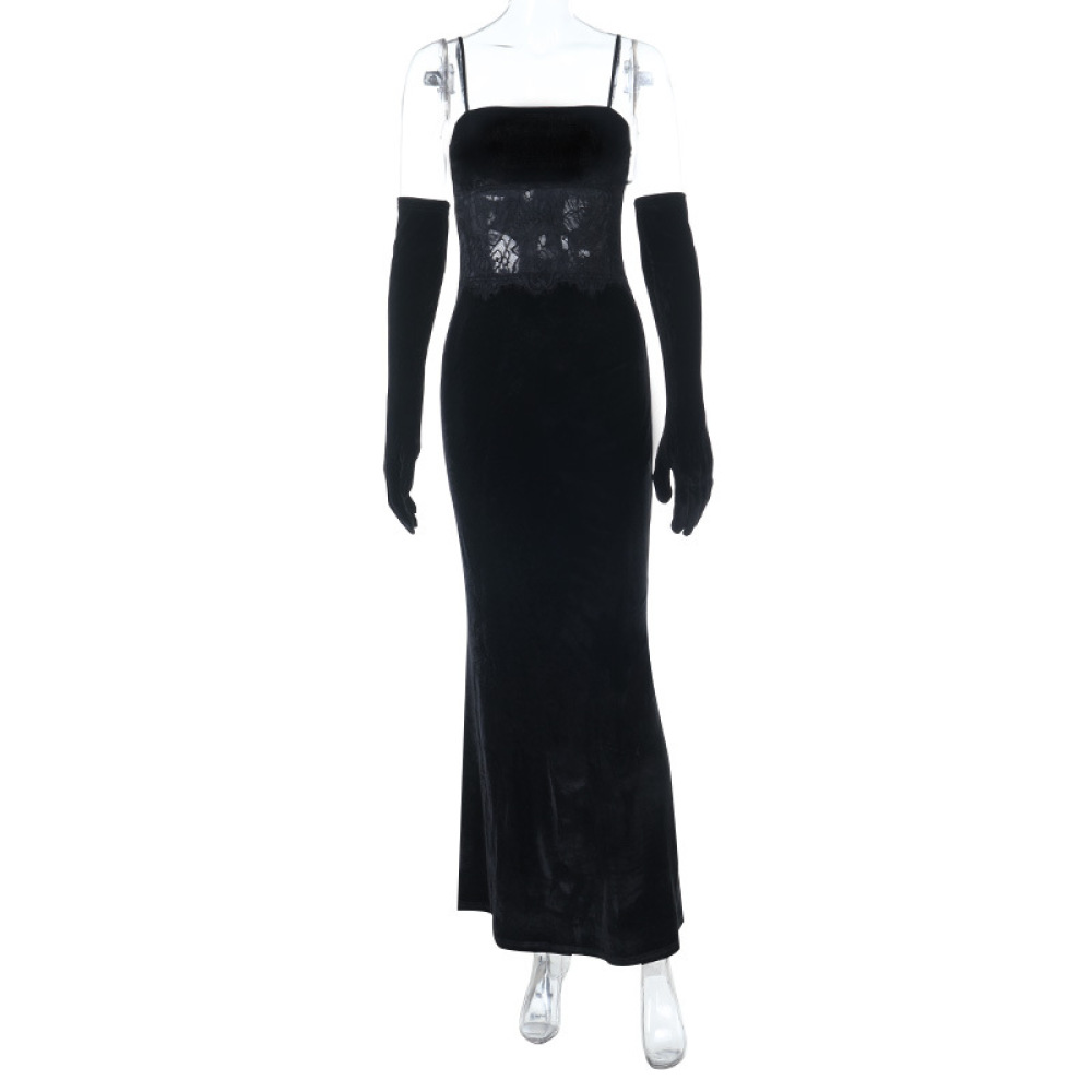 European Style Hot Girl Lace-Trimmed Velvet Strapless Bodycon Long Dress
