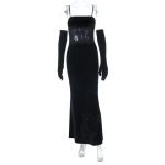 European Style Hot Girl Lace-Trimmed Velvet Strapless Bodycon Long Dress