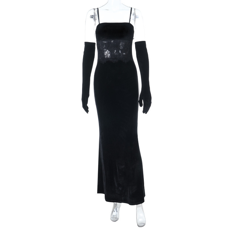 European Style Hot Girl Lace-Trimmed Velvet Strapless Bodycon Long Dress