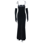 European Style Hot Girl Lace-Trimmed Velvet Strapless Bodycon Long Dress