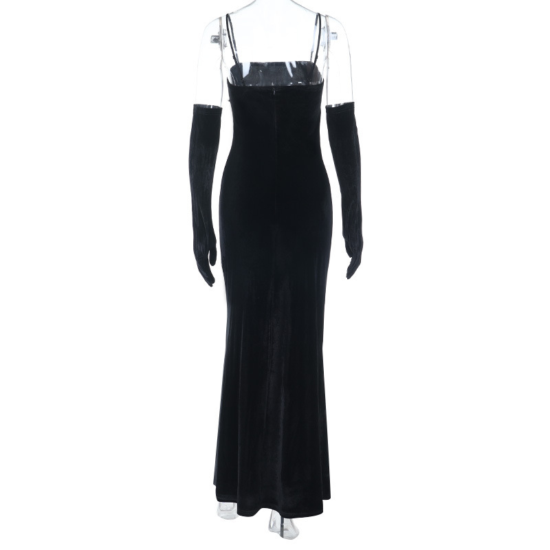 European Style Hot Girl Lace-Trimmed Velvet Strapless Bodycon Long Dress