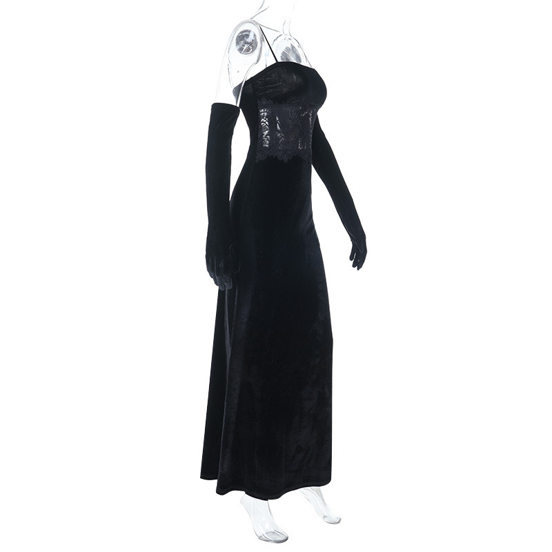 European Style Hot Girl Lace-Trimmed Velvet Strapless Bodycon Long Dress