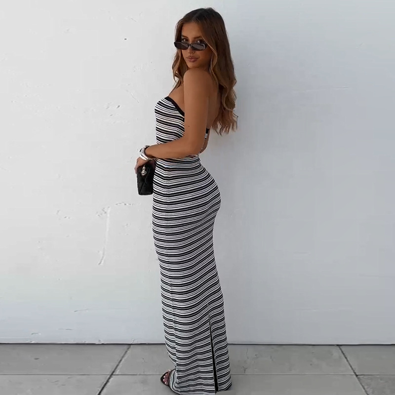 Striped Strapless Waist-Cinching Pencil Long Dress
