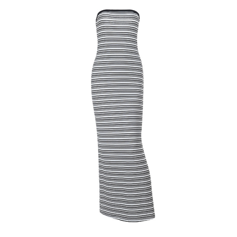 Striped Strapless Waist-Cinching Pencil Long Dress