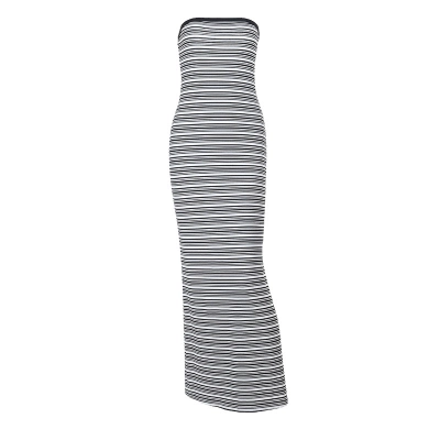 Striped Strapless Waist-Cinching Pencil Long Dress 01